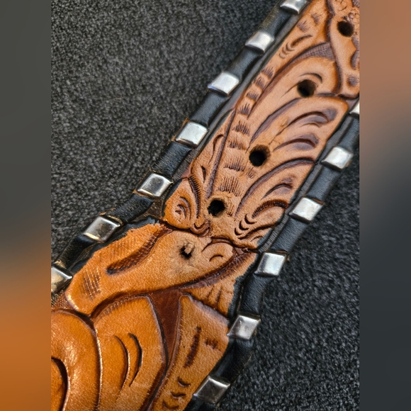 Brown & Black Leather Belt, Hand Finished Saddle Leather W/metal Details, Sz. 36 - Picture 15 of 16